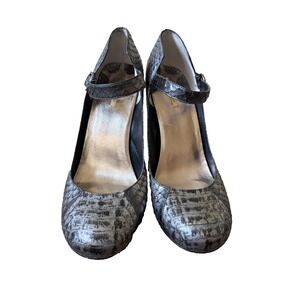 Max Studio Toshi Snakeskin Heels Womens 8.5 Silver Black Mary Jane Pumps Dressy